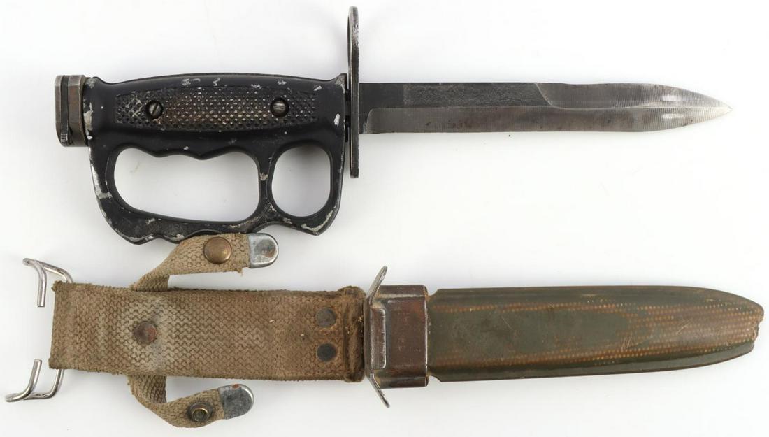 VIETNAM M7 KNUCKLEDUSTER FIGHTING KNIFE BAYONET: Experimental fight knife in used but very good condition. The M8 scabbard has loss to chafe.
