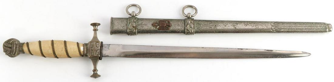 PRE WWII ROYAL YUGOSLAVIAN POLICE DAGGER: Pre-WWII Royal Yugoslavian Police dagger with scabbard. Bone handle with twisted brass wrapping. Rope knot design to pummel. Sharp blade with some tiring to the edges. Makers marked to ricasso. Nickel