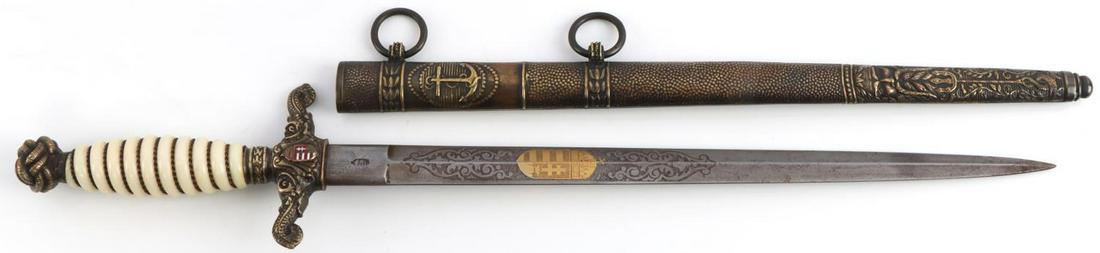 WWI AUSTRO-HUNGARIAN NAVAL DAGGER W SCABBARD: WWI Austro-Hungarian naval dagger with scabbard. White celluloid handle with twisted brass wire wrapping. Brass rope knot designed pummel. Brass crossguard with naval designs featuring the Austro-Hung