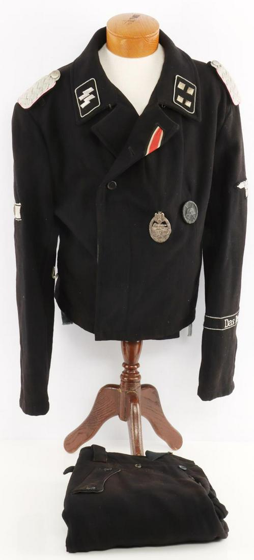 WWII GERMAN WAFFEN SS PANZER TUNIC: Attributed to Albert Stuckler SS-Sturmbannfuhrer with the 2 SS-Panzer-Division 'Das Reich.' Black wool tunic with gray interior. SS-Sturmbannfuhrer collar tabs and shoulder boards. Right sleeve has th