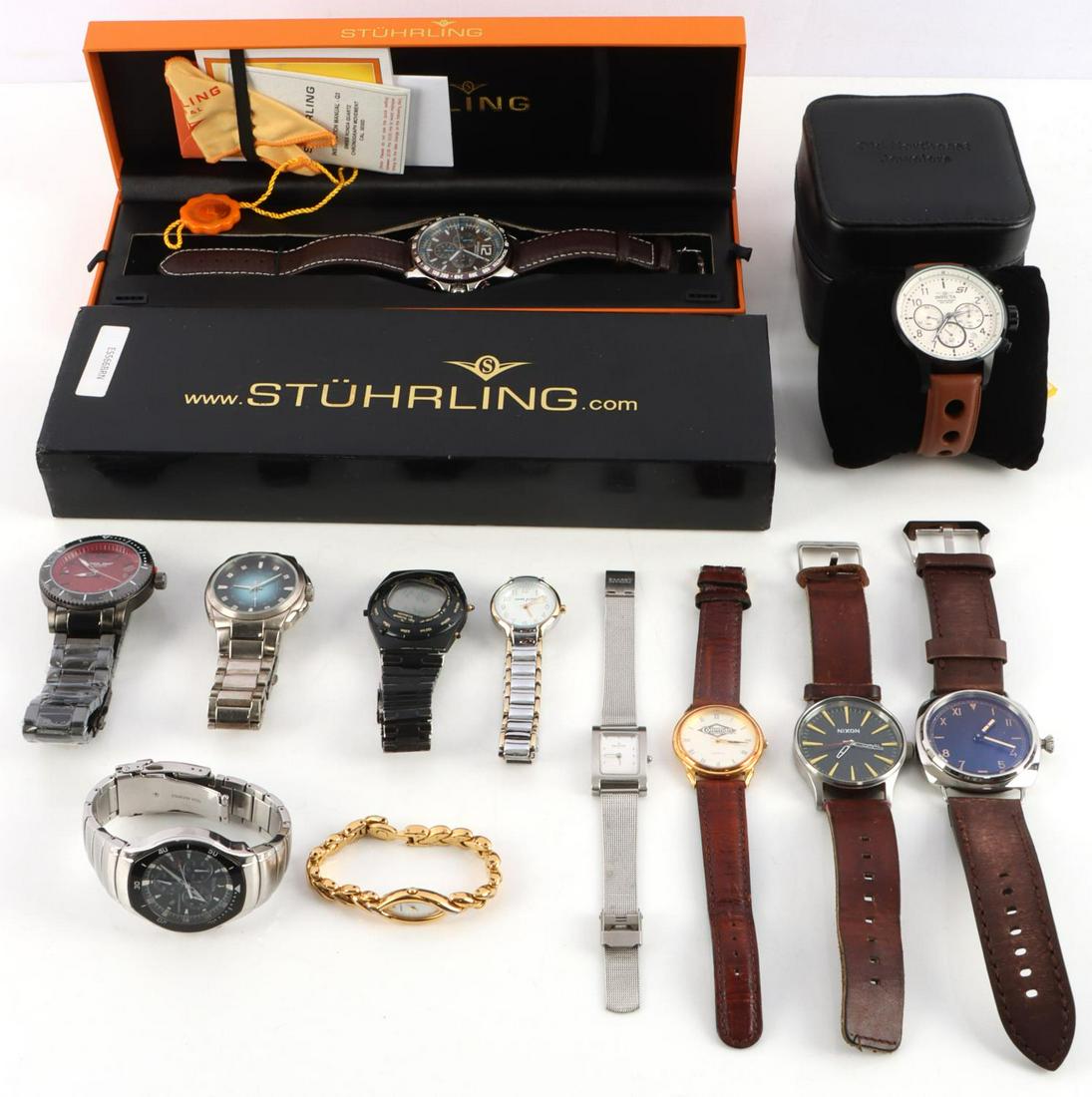 11 QUARTZ & MANUAL INVICTIA SEIKO & BULOVA WATCHES: Lot of 11 various men and women's watches. Includes an Invicta S1 rally chronograph, a Stuhrling Swiss Chrono in the original box, a Seiko stainless steel, a Bulova Chronograph, and more. Watch sizes
