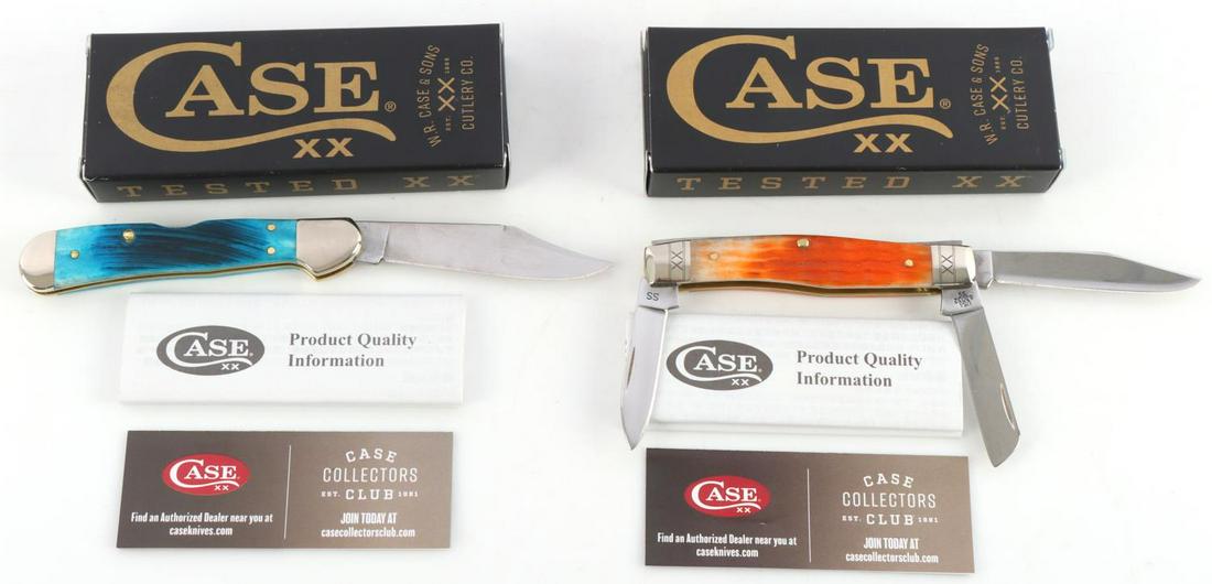 CASE POCKET KNIFE LOT OF 2 COPPERLOCK & STOCKMAN: 2 new in the box W.R. Case pocket knives. One is no. 255 Caribbean blue bone Sawcut jig mini Copperlock (61749L SS), the other is no. 35819, Cayenne bone Crandall jig medium stockman (63032 SS). Stock
