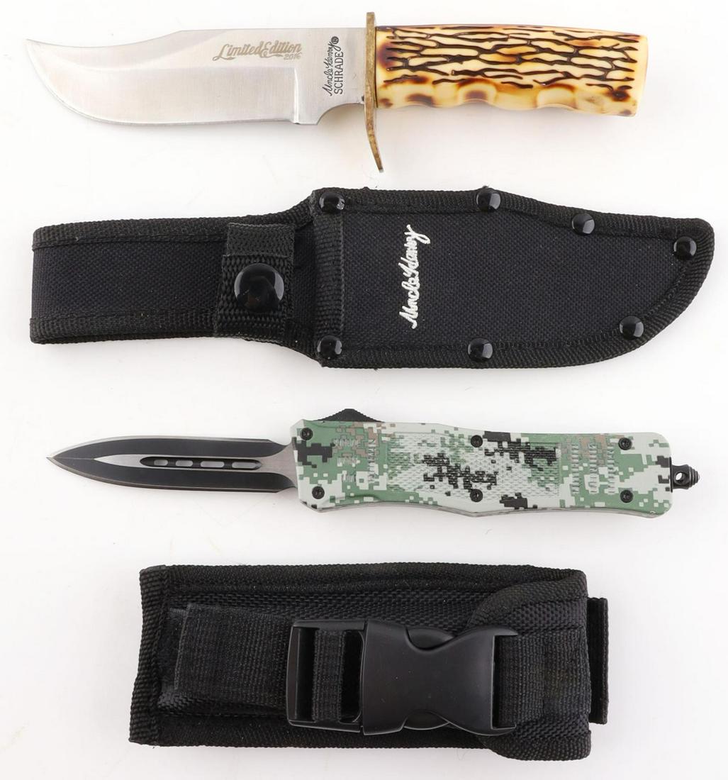 SPRING LOADED OTF & SCHRADE UNCLE HENRY KNIFE LOT: Includes an Armed Forces Tactical, out the front OTF spring loaded camo knife with sheath, and a Schrade Uncle Henry limited edition fixed blade knife. Both measure 8 inches opened.