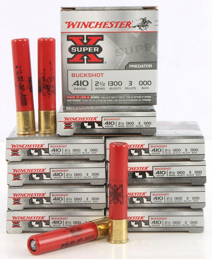 50 ROUNDS OF WINCHESTER 410 SHOTGUN AMMO OOO BUCK: 2 1/2 inch shell, 3 pellets, 000 buck. New in box, comes in 10 boxes with 5 rounds each.