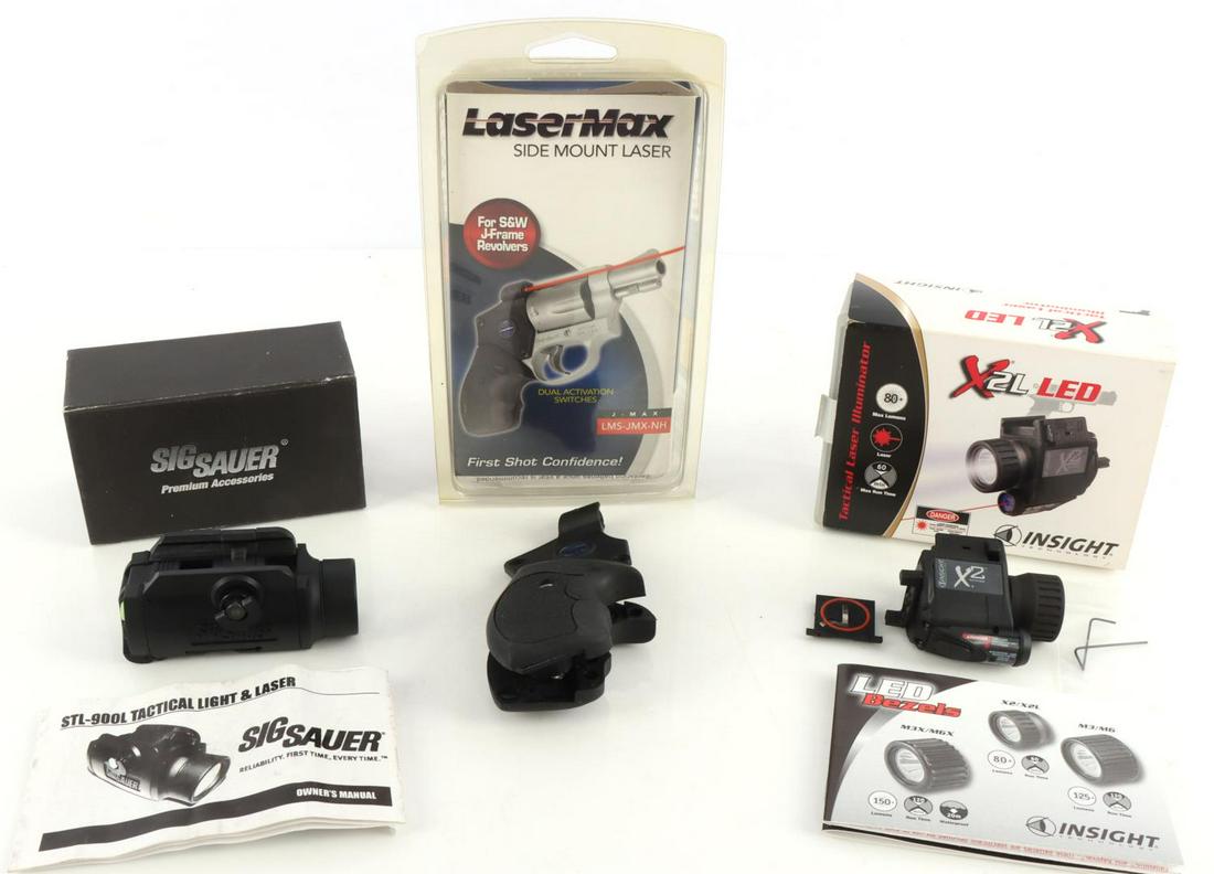 LOT OF 3 PISTOL LASER DOTS SIG SAUER X2 LED: Lot features Sig Sauer light and laser combo, Lasermax side mount laser for S & W J Frame, and X2L Led. New in box.