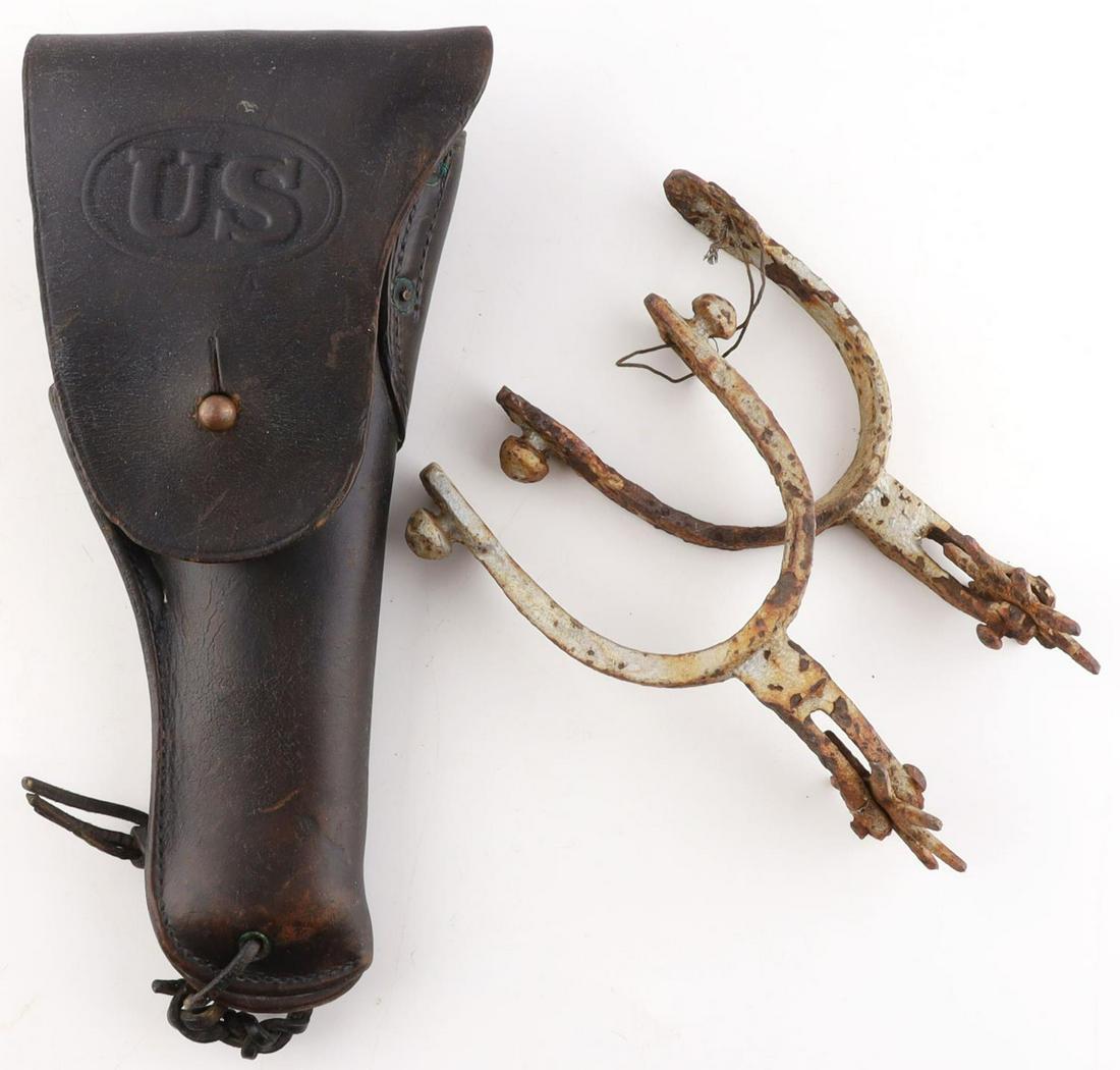 WWI SEARS 1917 US ARMY COLT 45 HOLSTER AND SPURS: Holster marked 1917 Sears A K. Spurs are not marked.