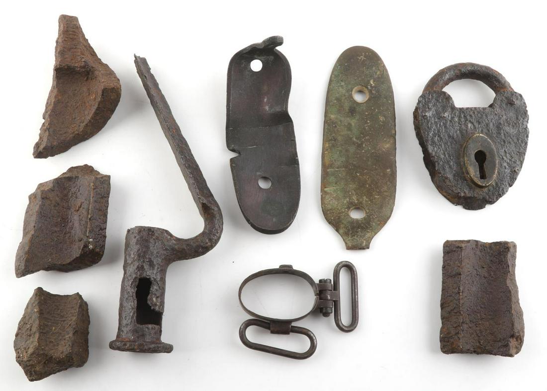CIVIL WAR BATTLE FIELD DUG RELIC LOT LOOKOUT MT.: From Lookout Mt. and Tunnel Hill, Georgia. Includes padlock, socket bayonet, butt plates, rifle sling, and more.