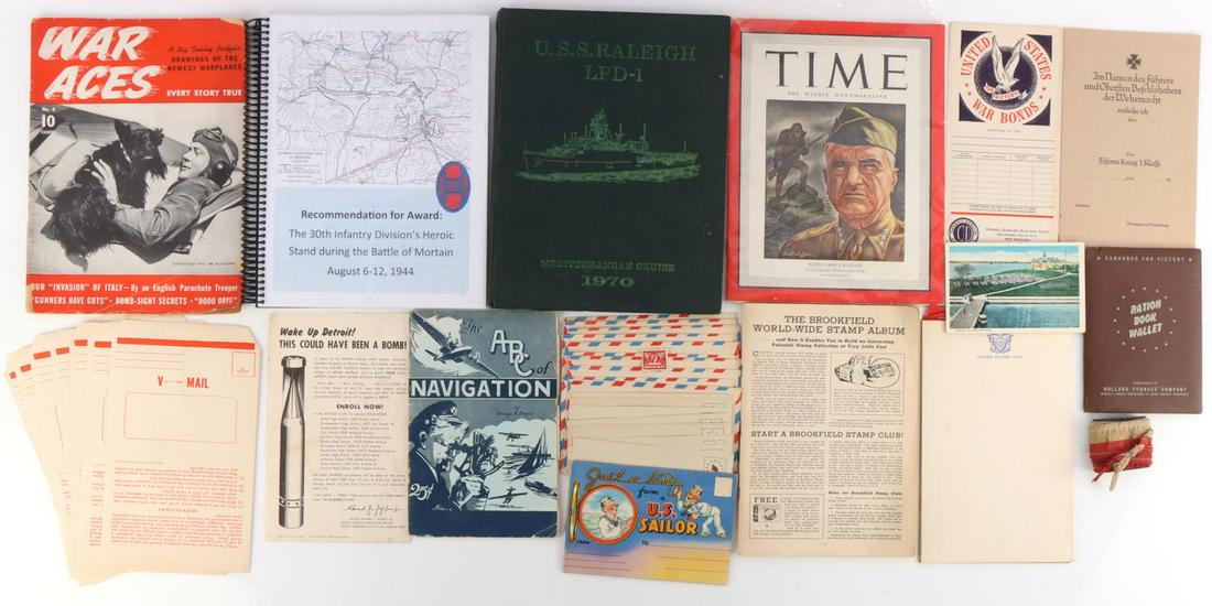 LARGE US NAVY WAR TIME EPHEMERA & BOOK LOT: Includes ration book wallet filled with ration cards, "War Aces," bombing leaflets, blank letters, v-mail letters, and much more. As photographed.