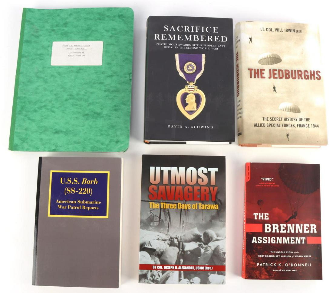 MARINE SCREENPLAY SACRIFICE REMBERED JEDBURGHS: 6 items to include First U.S. Marine Aviation Force World War I a Screenplay Robert Stamm Lee, complete, Sacrifice Remembered , David Schwind, and signed by him, Hardcover, The Jedburghs, Lt. Col. Wil