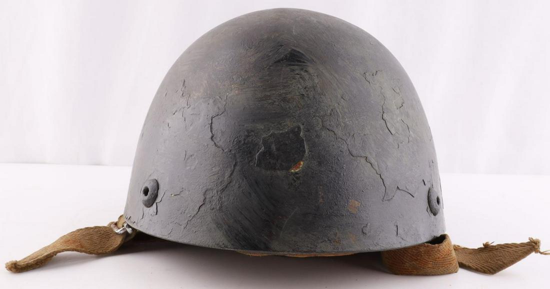 WWII ITALIAN PARATROOPER HELMET: Original with chin strap and suspension, heavy wear, and shell appears repainted