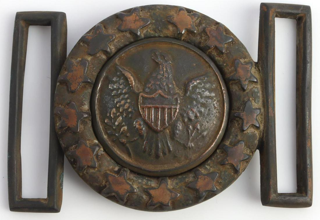 US CIVIL WAR ERA UNION TWO PIECE BELT BUCKLE: United States Civil War era Union two piece belt buckle. Brass non-magnetic featuring the United States seal to the tongue. Second piece is a wreath of 13 stars. Very good excavated condition with oxi