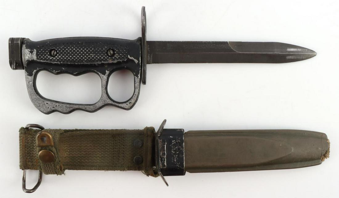 VIETNAM M7 KNUCKLEDUSTER FIGHTING KNIFE BAYONET: Experimental fighting knife has some use and paint loss but the blade is still in very good condition. The M8 scabbard has loss to chafe.