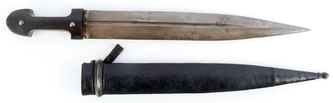 CAUCASIAN KINJAL DAGGER HORN GRIP LEATHER SCABBARD: Steel blade with carved horn grip. Housed in leather scabbard. Measures 16 3/4 inches. Very good condition with some age wear.