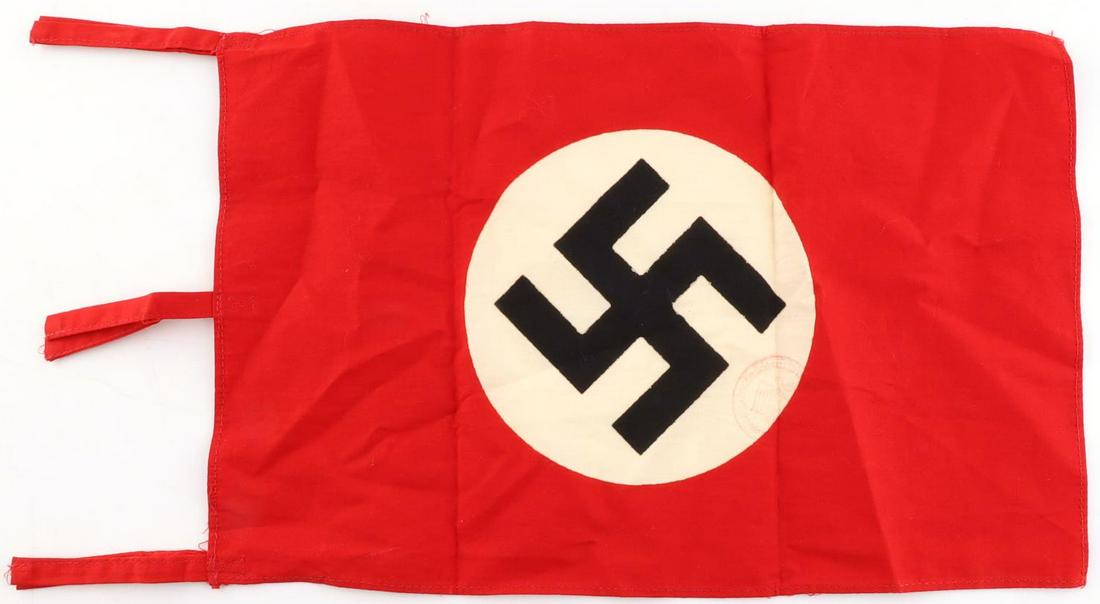 WWII GERMAN THIRD REICH NSDAP PARTY TABLE FLAG: Does not fluoresce, has official stamp measures 12 1/2 by 8 1/2 inches.