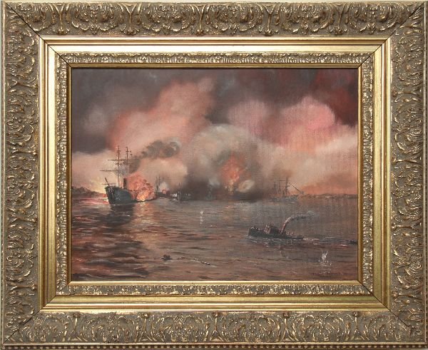 HAROLD MORDT BATTLE OF MOBILE BAY ORIGINAL OIL: Finely detailed oil on canvas painting depicting the battle of Mobile Bay (1864). Painted and signed by Harold Mordt and dated "99" in lower right. Canvas measures 11 by 14 inches and overall framed s