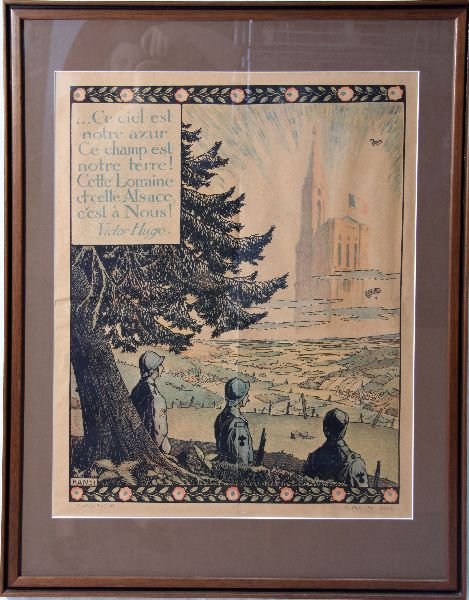 ORIGINAL WWI FRENCH HANSI FRAMED LITHOGRAPH: Original lithograph poster featuring art by Hansi (Jean Jacques Waltz). Subject is the Strasbourg cathedral flying the French flag. Quote by Victor Hugo appears upper left, " This heaven is our blue s