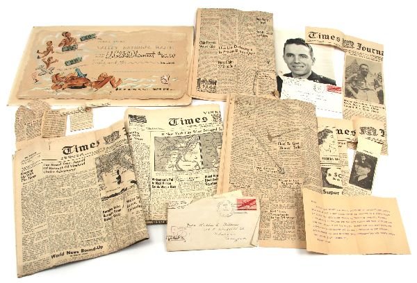 B. WHISONANT & ED TOVREA ACCOUNT OF AVIATOR BET: Interesting ephemera grouping detailing the war time fighter pilots and best friends, Bill Whisonant and Ed Tovrea. The tale comes to light when Ed sends a note to Bill from Stalag III the first news 