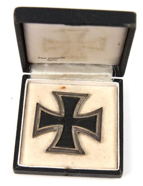 WWII GERMAN IRON CROSS 1ST CLASS IN CASE: WWII German Iron Cross 1st class, in original case. Flat coke bottle pin on back, with number "&" on pin. Bok marked "Paul Meybauer, Berlin" on inside. Very good condition.