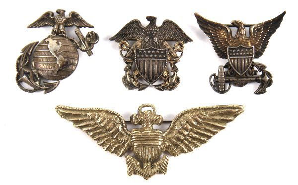 WWI NAVAL PILOT USMC USCG USN SILVER & GOLD BADGES: Rare collection of badges and insignia, includes a WWI U.S. Navy Pilot wings marked Gaunt London and of lower 9K gold weighing 12.4 grams, sterling Coast Guard insignia, early Navy insignia, and a ver