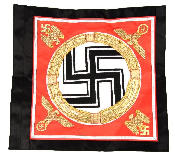 GERMAN WWII FUHRER REPRODUCTION STANDARD: German WWII reproduction Adolf Hitler "Fuhrer" standard. Flag measures 12.5 by 13.5 inches. Overall in very good condition.