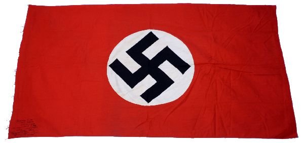 WWII GI CAPTURE THIRD REICH FLAG SIGNED: WWII Third Reich two piece flag, personalized as follows by "P.F.C." Emanuel E. Lamb. German flag taken during 83rd Division's drive across Germany, April 1945. Co. "H" 42064390, 331st Infantry Regt. 