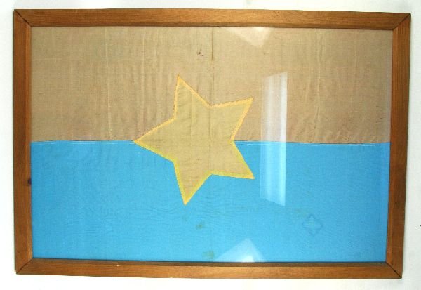 VIETNAM VIET CONG TET OFFENSIVE BATTLE FLAG: Air America pilot bring back identified as Viet Cong Tet Frame measures 40 by 27 inches. Offensive linen battle flag. Overall very good condition with minor staining.
