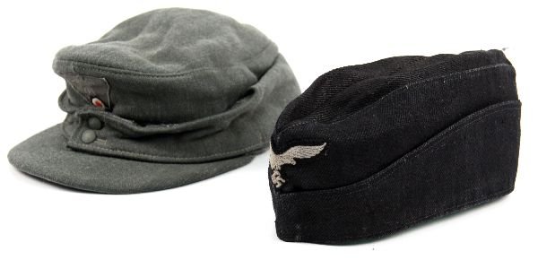 WWII GERMAN CAP LOT OF 2 LUFTWAFFE ARMY: 1945 issue M43 army cap size 57 and Luftwaffe enlisted men's mechanic overseas cap. Both very good condition.