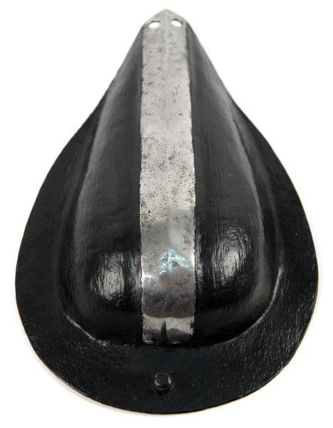 VICTORIA ERA IRON CODPIECE: Victoria era iron codpiece. Painted black except for center piece. Measures 7.25 x 5 inches. In very good condition.