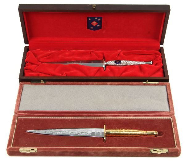 TWO LIMITED EDITION COLLECTORS KNIVES: American Historical Foundation limited edition Iwo jima victory Fairbairn-Sykes knife with etched blade by H.G. Long & Co. in original display box. Also included is a USMC Raiders knife in a wooden di
