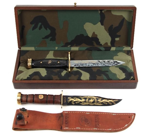 KA-BAR USMC SPEARHEAD KNIFE AND USMC BAYONET: Included is a limited edition (#0383) USMC Ka-Bar Spearhead knife with black and gold blade in sheath and an M-7 USMC Vietnam commemorative bayonet in wood display box. Both are in very good condition