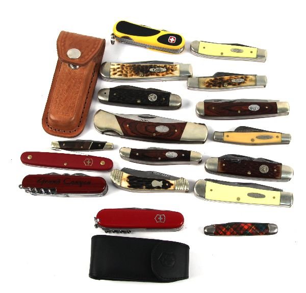 POCKET KNIFE COLLECTION CASE BUCK SHRADE SWISS: Pocket knife collection consisting of 17 knives as follows Case 3207 (very good condition), Case 6254 (very good condition), Case 63032 (some surface rust, good condition), Case 3254 (very good condit