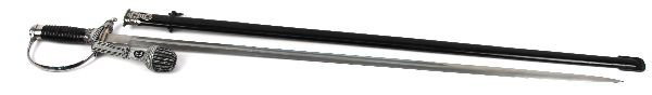 WWII GERMAN SS POLICE SWORD WITH PORTEPEE: WWII German SS police sword. Blade measures just over 33 inches. Hilt features "D" knuckle bow, oak leaf ferrule, and black enameled grip. No markings to blade. Black enameled scabbard, with small SS 