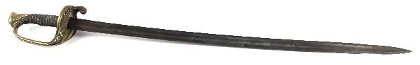 US MODEL 1850 FOOT OFFICERS SWORD: US Model 1850 Foot Officers sword. 30 inch blade, with acid etched floral scroll visible under dark patina, and barely discernible markings on ricasso. Brass hilt, with wire wrapped shagreen grip. Bla