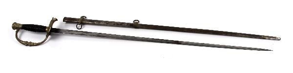 US MODEL 1860 STAFF & FIELD OFFICERS SWORD GAR: US Model 1860 Staff & Field Naval officer's sword, GAR (Grand Army of the Republic) on clamshell guard, and etched on blade. Blade bears grey patina, with some oxidization. Brass hilt fittings, with w