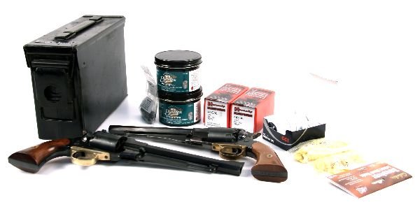 2 REPRODUCTION PERCUSSION .44 REVOLVERS & MORE: Lot of two reproduction 1858 black powder percussion .44 caliber revolvers by FIE and Connecticut Valley Arms. Both are in lightly used excellent condition. Also included is an ammunition can containi