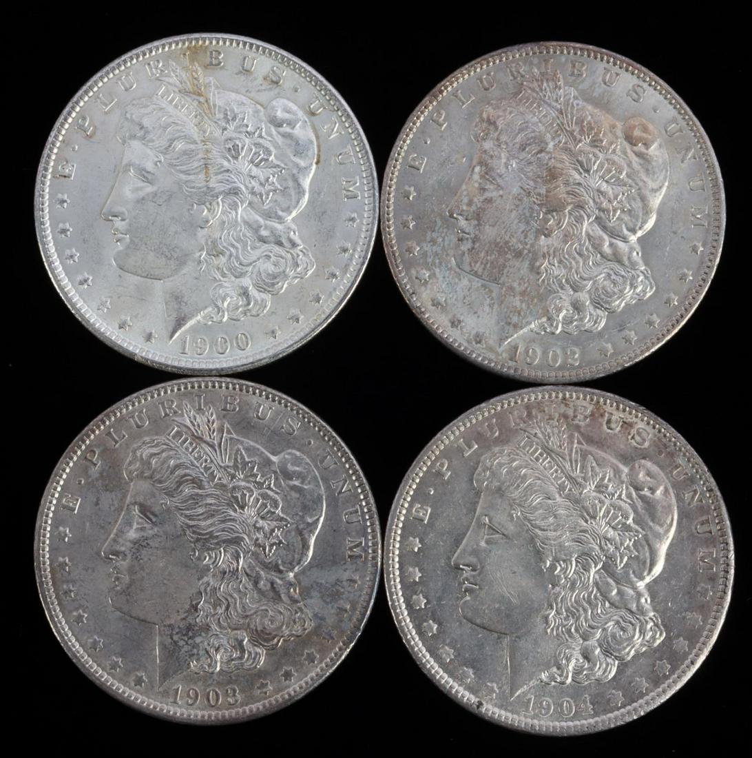 4 MORGAN SILVER DOLLAR 1900 1902 1903 1904 AU MS: 4 Morgan silver dollars, better date coins, ungraded in approx. AU to Mint State condition. All Philadelphia minted. Each retain fine detail to the hair and feathers, light toning, luster with some co