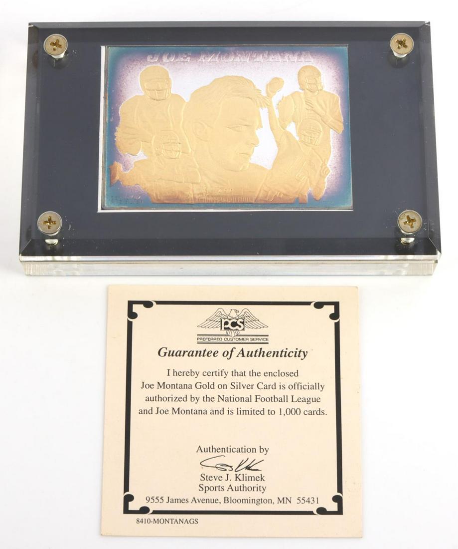 JOE MONTANA 3.5 OZT GOLD ON FINE SILVER LE CARD: Limited to 1000, this is number 490, H.Timm lower right stamped, lower left 3.5 Troy Oz. fine silver, in lucite 6 x 3 1/4 inch, boxed with COA.