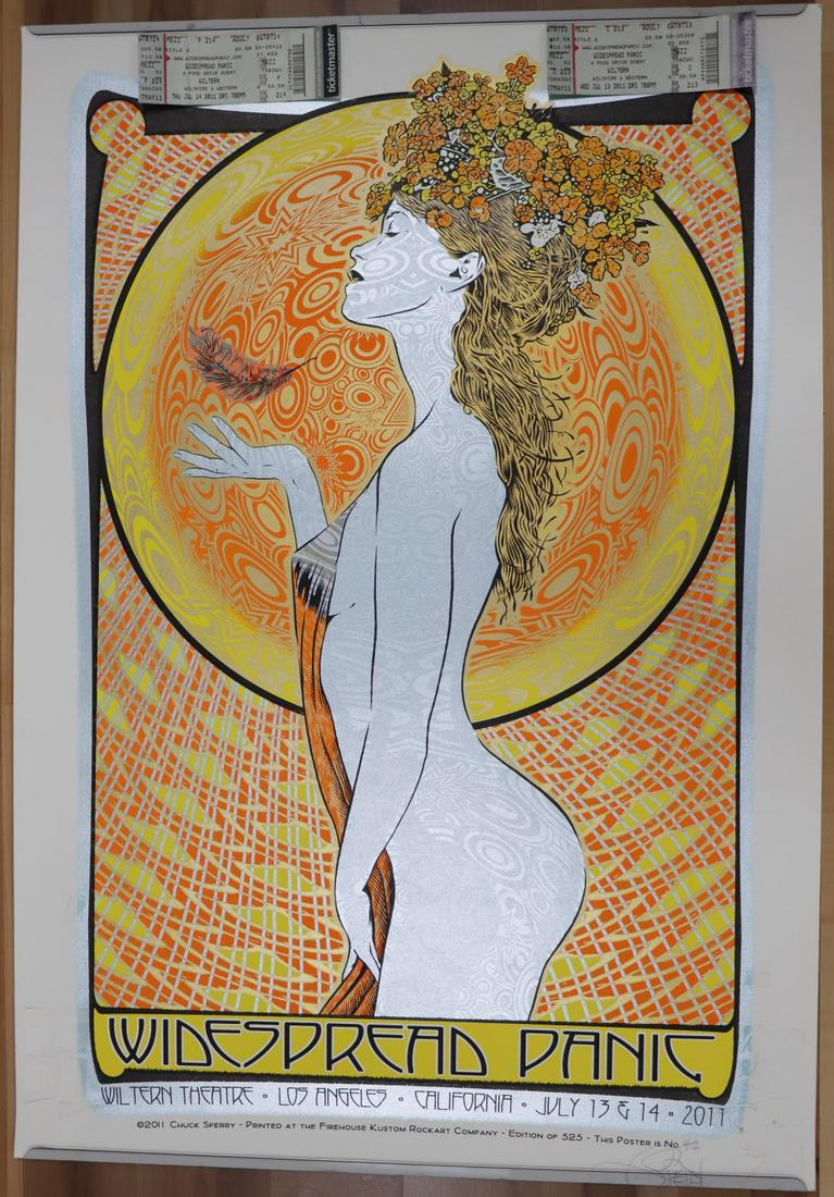CHUCK SPERRY SIGNED WIDESPREAD PANIC POSTER: Widespread panic in Los Angeles 2011 Chuck Sperry screen print, hand signed in pencil. Limited edition no. 412 titled Summer Lady. In good condition. Prior to consignment, the bottom two corners along
