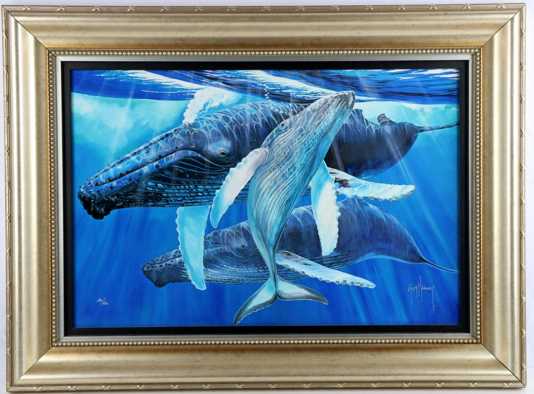 SIGNED GUY HARVEY LIMITED EDITION LITHOGRAPH: Limited Edition number 331 of 450, hand signed by the artist lithography featuring a pod of Humpback Whales. Seller states it was a Park West acquisition. It is professionally framed measuring in tota