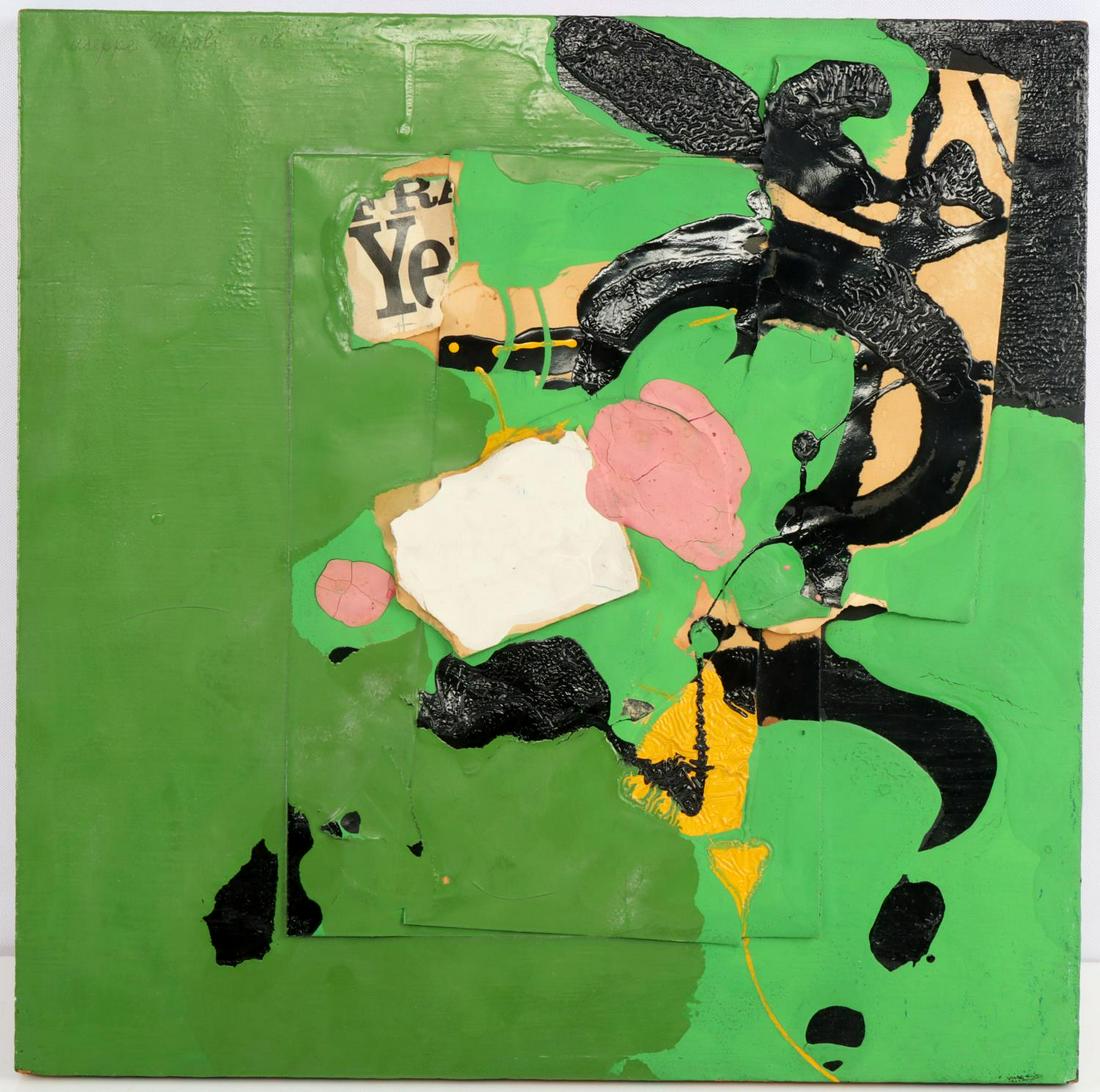 GIUSEPPE NAPOLI MID CENTURY MIXED MEDIA PAINTING: Title: "You meet the nicest people in your dreams", Mixed Media oil on wood painting signed and dated 1966 by Giuseppe Napoli (1929-1969) Mid-Century Modernist Artist of the New York School. He had ov