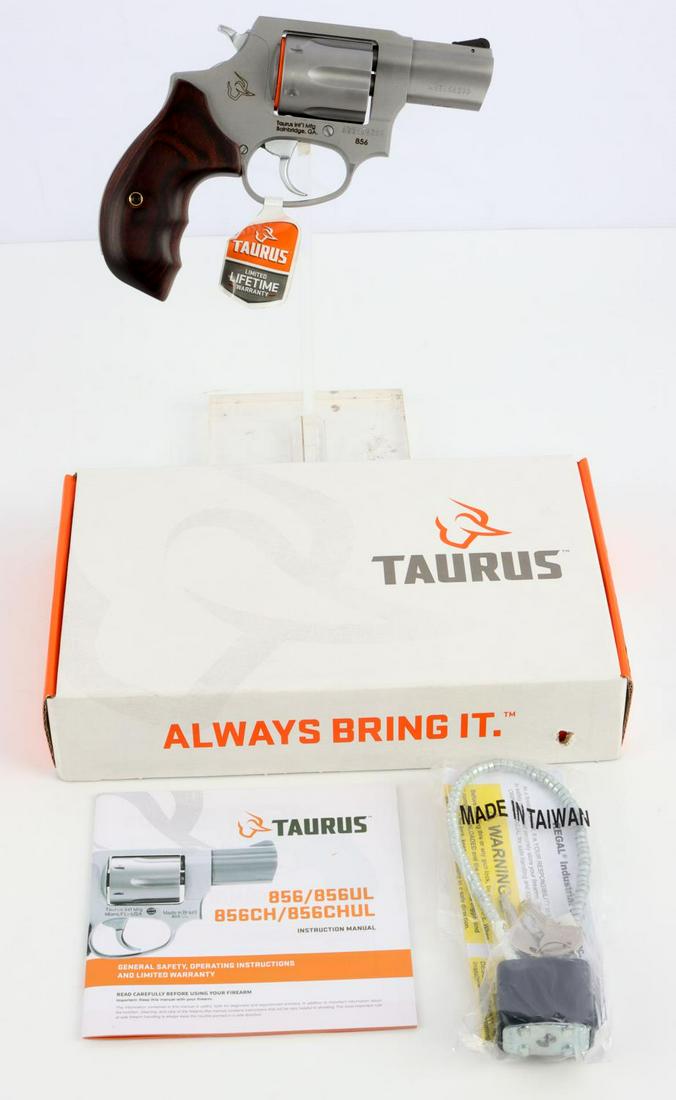 TAURUS 856 .38 SPL DOUBLE ACTION REVOLVER: 2 inch barrel. Brand new in box with manual. FFL required for transfer. No international shipping. Know your state's firearm laws prior to bidding. Caliber: .38 SPL Serial #: AEE458399 This lot has a 