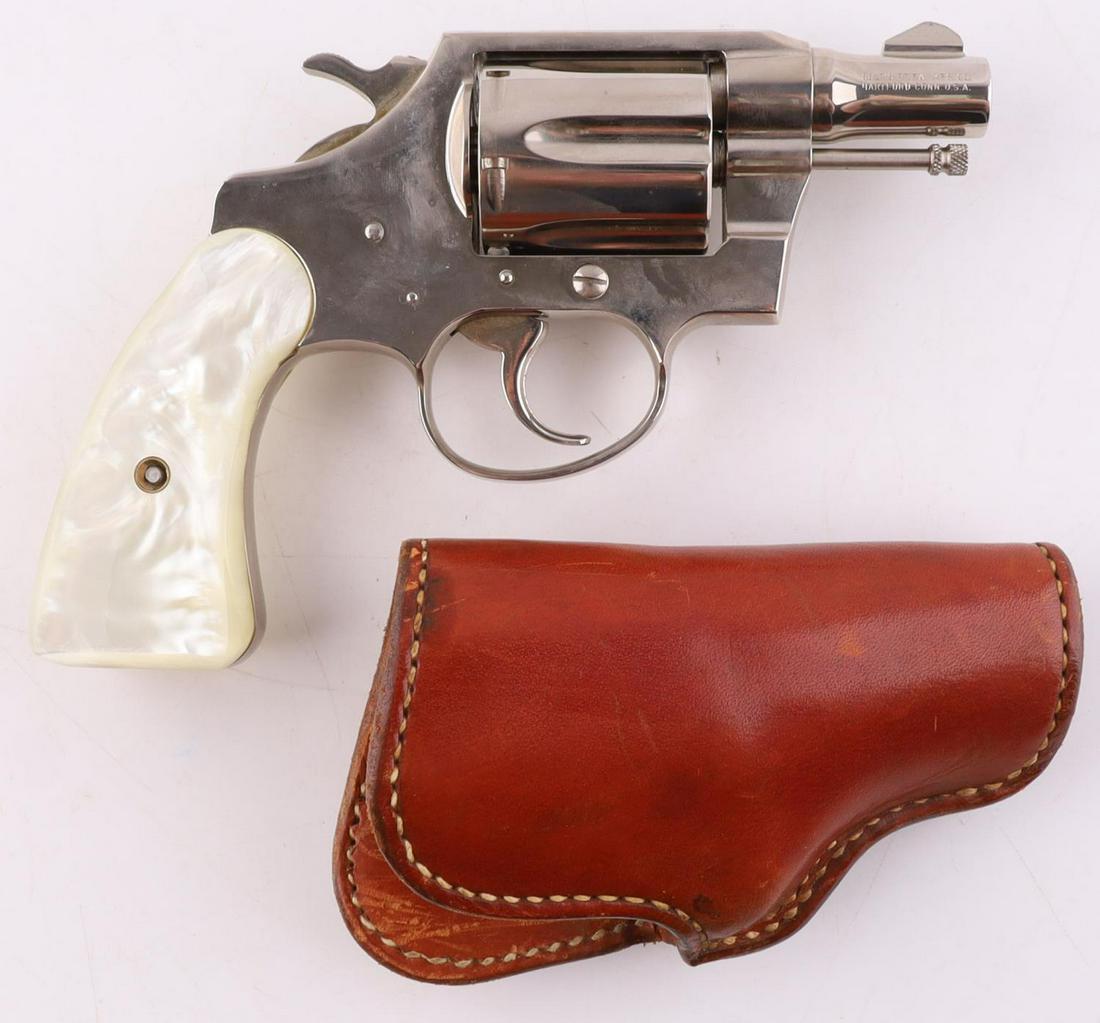 COLT COBRA .38 SPECIAL SNUB NOSE REVOLVER: Nickel finish with simulated pearl grips. Bright clean bore. 2 inch barrel. Fully functional. FFL required for transfer. No international shipping. Caliber: 38 spl Serial #: 125002 This lot has a rese