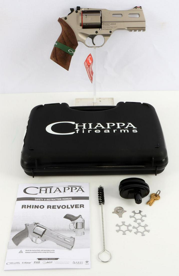 CHIAPPA RHINO 40DS .357 MAGNUM REVOLVER: 4 inch barrel. Brand new in box with three moon clips, trigger lock and manuals. FFL required for transfer. No international shipping. Know your state's firearm laws prior to bidding. Caliber: 357 mag