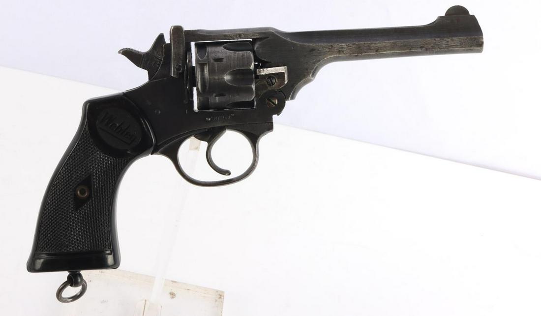 BRITISH WEBLEY MARK IV REVOLVER IN .38 WAR FINISH: Webley Mark IV revolver in War finish. Cylinder matches receiver. Receiver marked "War Finish" with proof marks. Bore is bright and clear. Barrel measures 5 inches. FFL or C & R required for transfer.