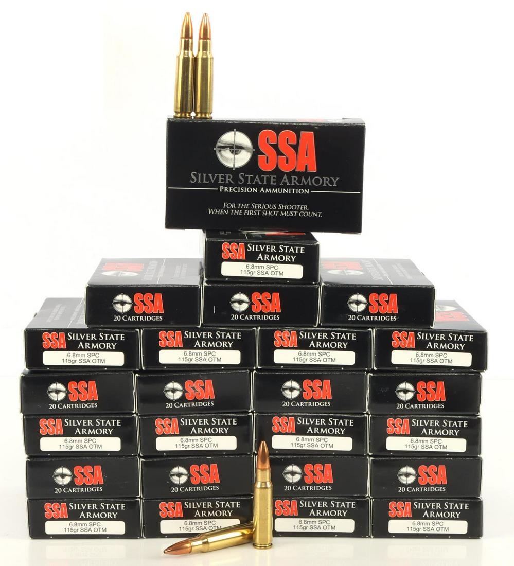 500 ROUNDS OF SSA 6.8MM 115GR SSA OTM AMMUNITION: Twenty-five boxes containing twenty rounds each, Silver State Armory 6.8mm SPC, 115 grain OTM, new in box.