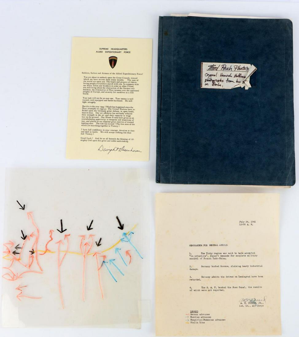 WWII ALLIED FORCES LOT EISENHOWER LETTER & MORE: Lot features an Eisenhower D-Day letter, Heinrich Hoffman Berlin photo reprints, and General Arnold Memorandum dated July 24, 1941. Measurements range 8 - 10 inches. Very good condition.