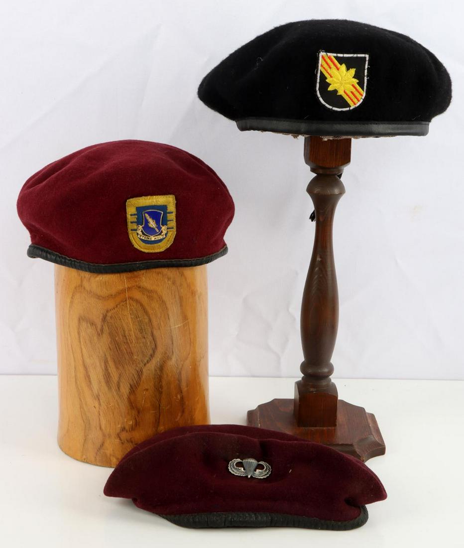 3 SPECIAL FORCES 5TH 7 AIRBORNE 504 PIR BERET LOT: The 504th has wear, it appears to be Vietnam, size 6 7/8, the 5th has lighter wear size 7 1/4 and appears more recent, the Airborne appears Vietnam and has the most wear.