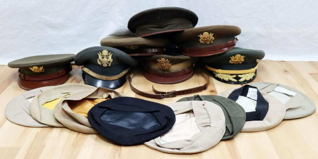 5 WWII US ARMY OFFICER VISOR W CRUSHER & PARTS: Th better condition visors include a Bancroft Colonel size 7 very goof, Bancroft 7 1/8 , 2 small moth holes otherwise very good, 1 crusher bullion chin strap, collectible grade, size 7 1/4, Berkshire