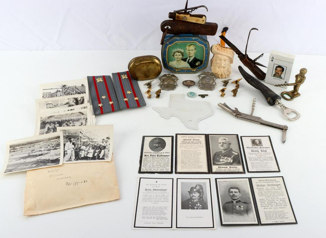 WWI WWII IRAQ MILITARY COLLECTABLE LOT BIG VARIETY: To include 5 WWI KIA Death Notices, WWI King and Country services rendered Veterans badge numbered B113367, 1950's Dallas, Texas license plate tag, Saddam Hussein Kill cards, Russian officers shoulder