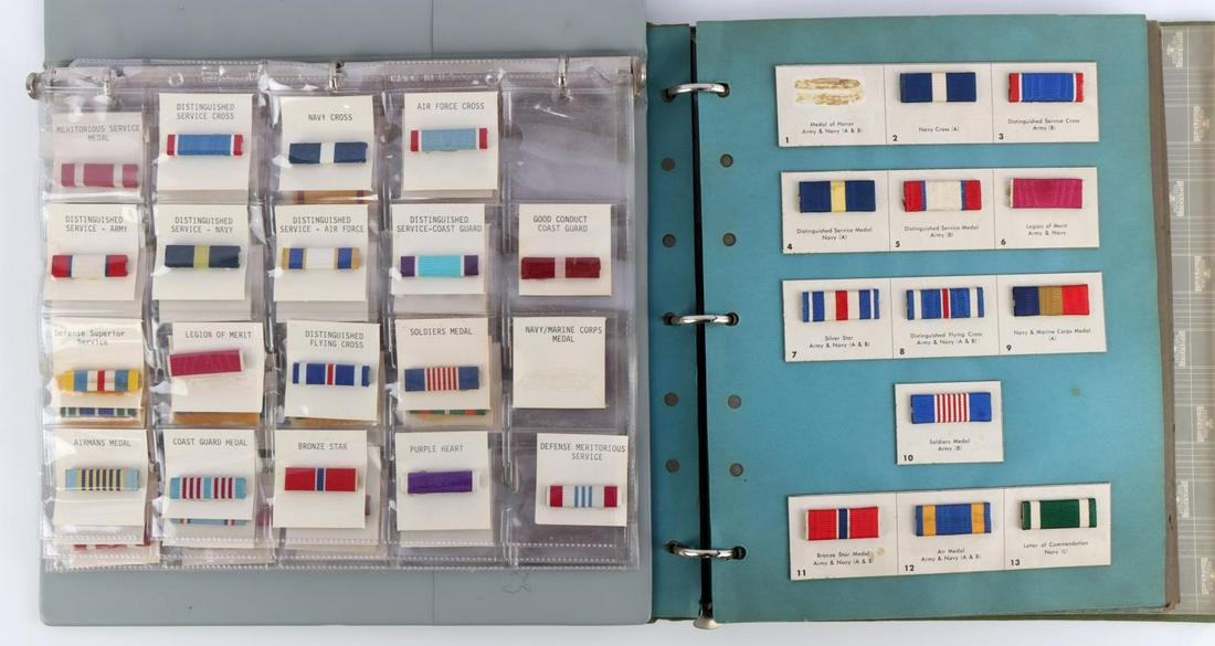 RIBBON BAR COLLECTION COMPLETE 1944 & POST: TH first green binder has a advert for H&H medal bar collection all 66 through 1944 the earlier oversize,this binder has all 65 less MOH, and includes devices, the second grey binder has all post 1944